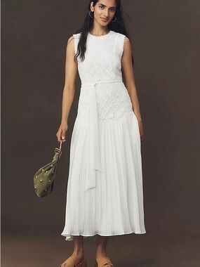 Arose studio Sleeveless White Lace & Pleated Midi Dress with Tie Waist, S